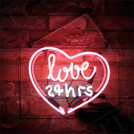 love 24hrs with heart Neon Sign, Handmade Neon, Very Bright, Bar/Shop /Room Wall Decor Light Custom Gift Art