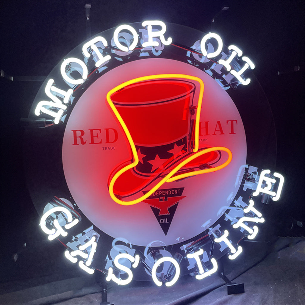 RED HAT MOTOR OIL GASOLINE Neon Sign, Handmade Neon, Very Bright, Bar/Shop /Room Wall Decor Light Custom Gift Art